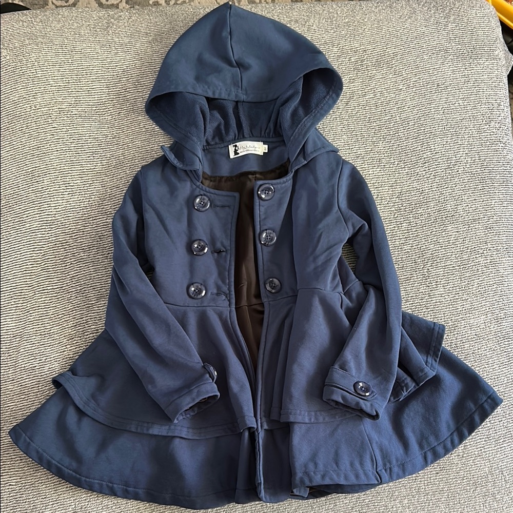 Navy Blue Pea Coat with Flared Silhouette and Hood